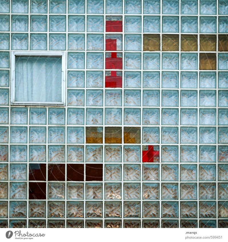 Tetris elegant Stil Design Entertainment Fassade Fenster Glas Linie Streifen außergewöhnlich Coolness trendy retro blau gelb rot Farbe Perspektive Farbfoto