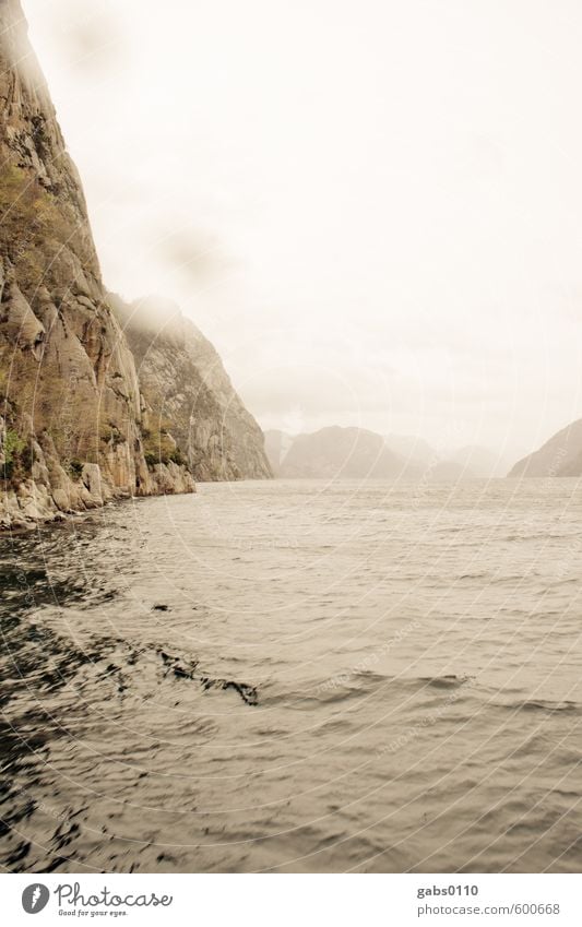 Fjord III Umwelt Natur Landschaft Wolken Herbst schlechtes Wetter Nebel Baum Felsen Wellen Küste Seeufer Bucht außergewöhnlich bedrohlich Ferne gigantisch nass