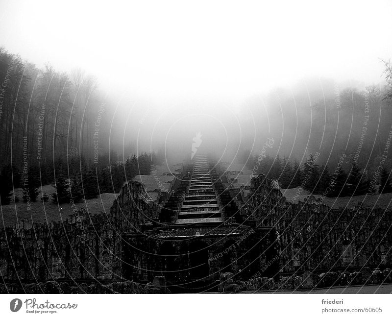 herkules Nebel mystisch Herbst Ruine Wald Herkules Kassel Schwarzweißfoto Treppe