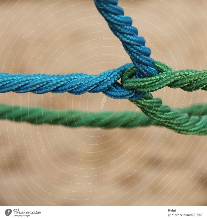 Nahaufnahme verknoteter und verdrehter Seile Kletterseil Kunststoff Schnur Knoten Netzwerk festhalten ästhetisch außergewöhnlich einzigartig lang blau braun
