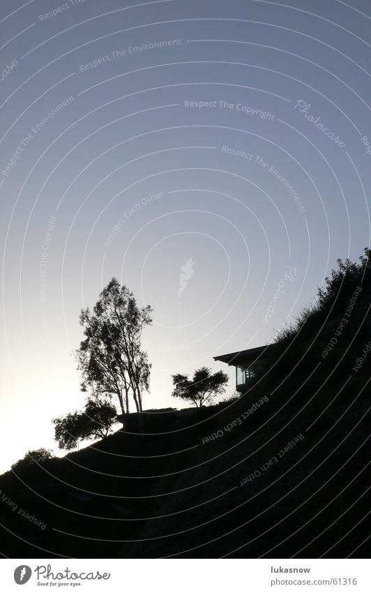 Hollywood Los Angeles Filmstar Villa Haus Verglasung Baum Gegenlicht Physik groß Sträucher Glas verglast Silhouette Wärme Abend Berge u. Gebirge Reichtum