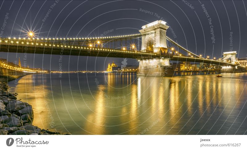 Lichterkettenbrücke Städtereise Budapest Hauptstadt Brücke Sehenswürdigkeit Széchenyi-Kettenbrücke alt groß historisch blau gelb gold Tourismus Zusammenhalt