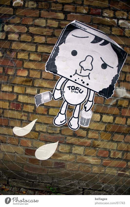 der anmaler Mauer Etikett weiß schwarz Pinsel Topf Quadrat groß Tofu Wand Kunst eckig rund Straßenkunst kollage Graffiti mänchen Farbe hängende arme Kopf Stein
