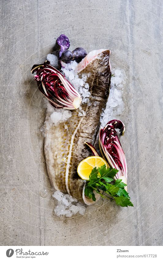 kabeljau Lebensmittel Fisch Gemüse Kräuter & Gewürze Italienische Küche ästhetisch elegant Gesundheit kalt lecker modern natürlich Sauberkeit grün violett