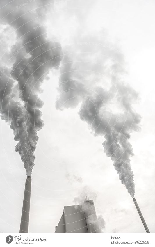 Raucher-Ecke Energiewirtschaft Kohlekraftwerk Energiekrise Umwelt Luft Wolken Klima Klimawandel Gebäude Fassade Rauchen hoch grau schwarz weiß Perspektive