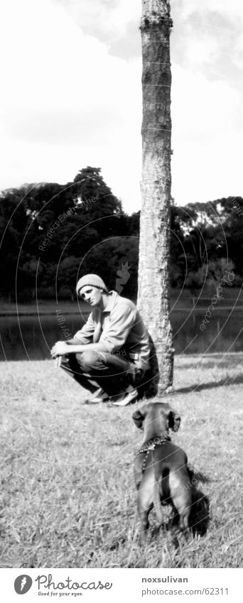 Guy with his dog Jugendliche Sorge boy tree playing headress attention owner daschund long-eared