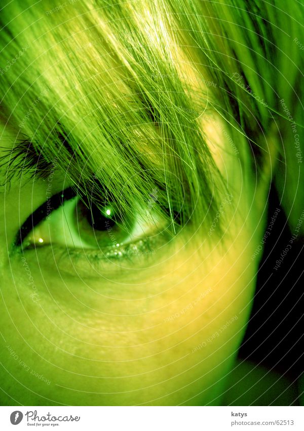 Look green grün dunkelgrün hellgrün schön Neugier Gesichtsausdruck kurz Haarsträhne Pupille Ferne schwarz rund Augenbraue braun Strukturen & Formen Kajal