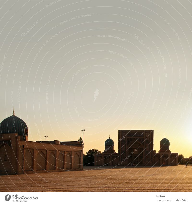 Moscheen-Türme in Abendsonne in Usbekistan | Asien Ferien & Urlaub & Reisen Tourismus Ferne Freiheit Sightseeing Städtereise Sommer Wolkenloser Himmel Horizont