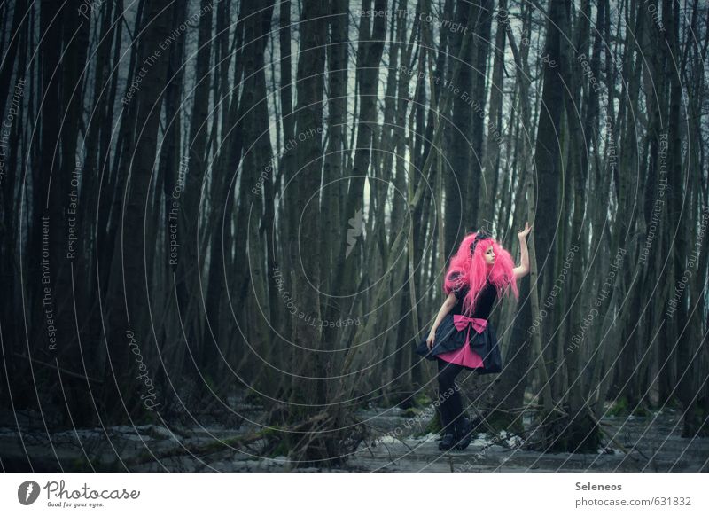 Pink Bow Mensch feminin Frau Erwachsene 1 18-30 Jahre Jugendliche Umwelt Natur Landschaft Winter Wald Kleid Haare & Frisuren Perücke stehen fantastisch