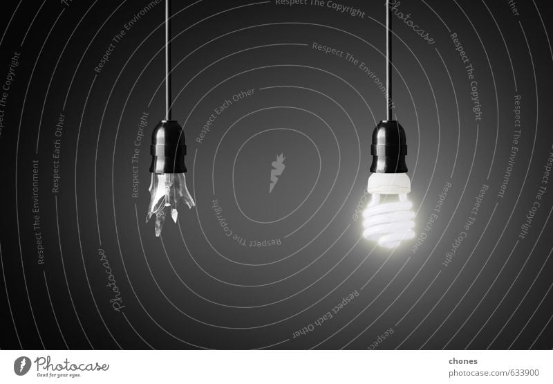Eine kaputte und eine leuchtende Energiesparlampe. Design Lampe Technik & Technologie Energiewirtschaft Glas hell grün schwarz weiß Idee Kreativität Hintergrund
