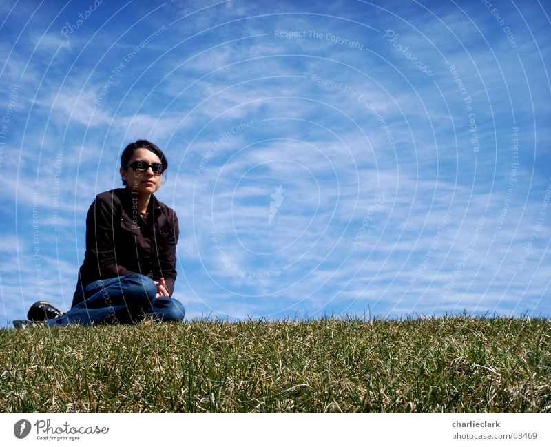 girl on lawn Himmel woman sky grass glasses sunglasses clouds