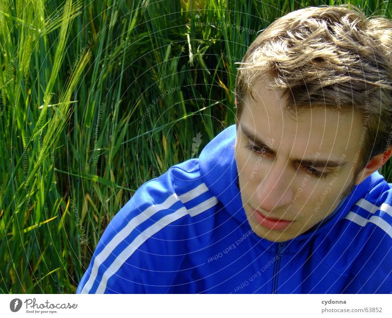 Ich mach grad Pause... Mann Jacke Kapuzenjacke Porträt Müdigkeit Gras Feld ruhig Denken Sommer Gefühle grün Mensch Gesicht break Gesichtsausdruck Erschöpfung