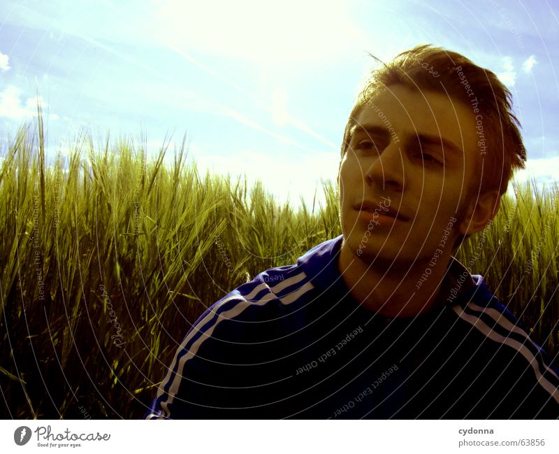 Ich mach noch Pause... Mann Jacke Kapuzenjacke Porträt Müdigkeit Gras Feld ruhig Denken Sommer Gefühle grün Physik Konzentration Mensch Gesicht break
