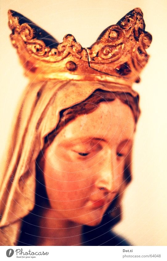 Madonnenfigur Stil Gesicht Kopf 1 Mensch Skulptur Kitsch gold orange Güte Glaube Religion & Glaube Spiritualität Maria Statue Antiquität Katholizismus