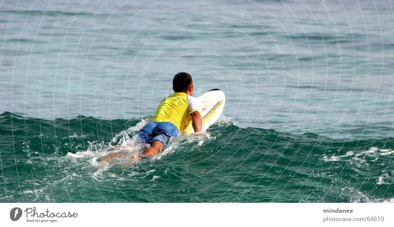 surfer beim rauspaddeln Surfer Wellen Meer gelb grün Surfen Wasser