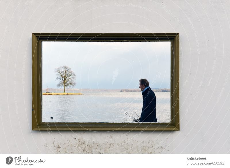 fotogemälde Ausflug Mensch maskulin Mann Erwachsene 1 30-45 Jahre Kunst Museum Gemälde Natur Landschaft Wasser Winter Baum Seeufer Denken Blick stehen