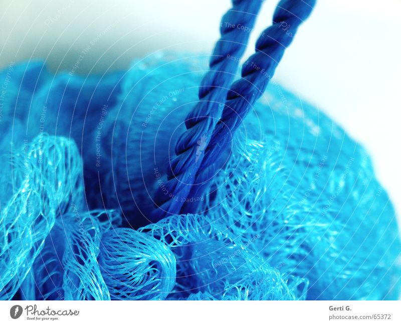 Teil eines blauen Duschschwamms mit blauer Kordel Bad Quaste Schnur hängen aufhängen badutensilien Schwamm Badutensil Badzubehör Duschzubehör royalblau