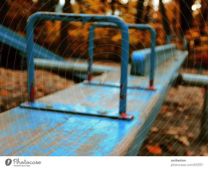 Gleichgewicht Spielen Kindergarten Kindheit Herbst Wetter Baum Garten Park Menschenleer Spielplatz alt schaukeln Blick Traurigkeit Wachstum blau Einsamkeit
