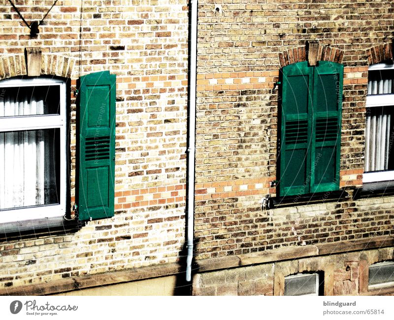 Auf ... zu ... auf Fenster Fensterladen Backstein Mauer Vorhang Haus gestrichen bearbeitet Rollladen Altbau Wand Glasscheibe Regenrinne grün rot beige window