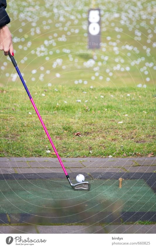 Abschlag üben Golf Golfschläger Hand Anschnitt Übungsplatz Golfball viele Breitensport Außenaufnahme Sport Wiese Golfplatz Schwache Tiefenschärfe Behinderte