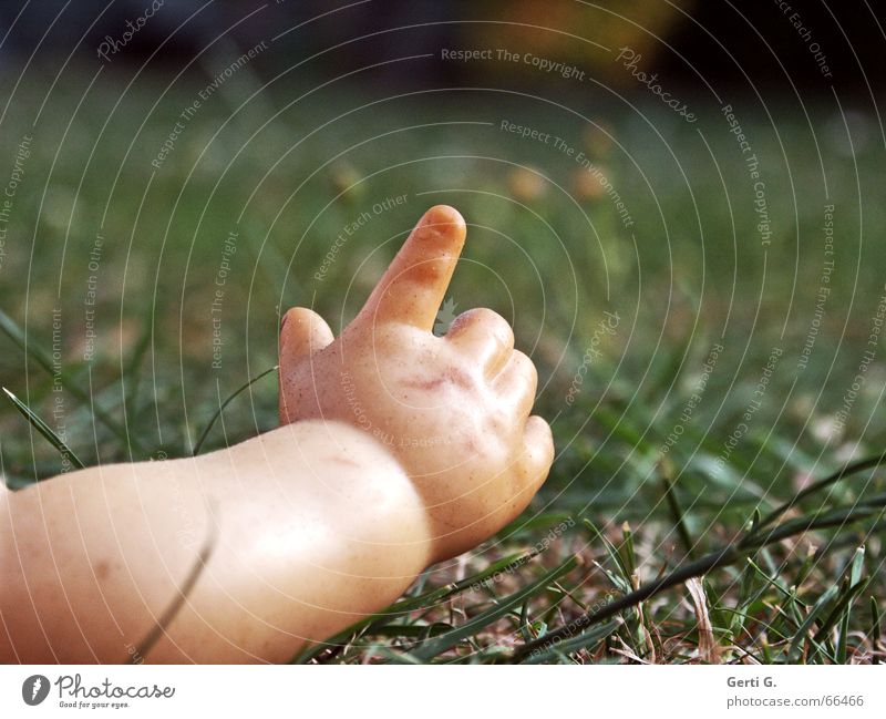 nach Hause telefonieren Kunststoff Hand Kind Baby Kleinkind Zeigefinger Unterarm Wiese Gras Halm Daumen schmuddelig :-) Puppe plastic bertrand zeigen Arme