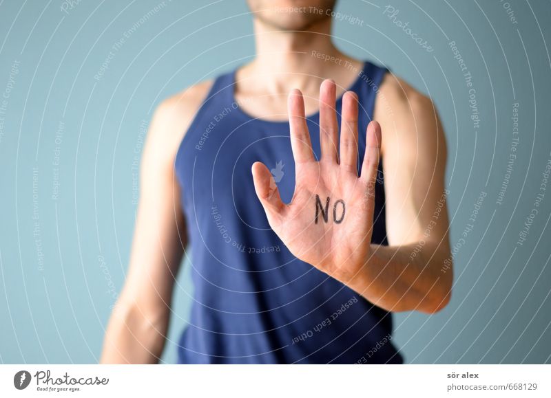 NEIN Telekommunikation sprechen Team Mensch maskulin Erwachsene Oberkörper Hand Handfläche 1 Muskelshirt Unterhemd Schriftzeichen blau selbstbewußt