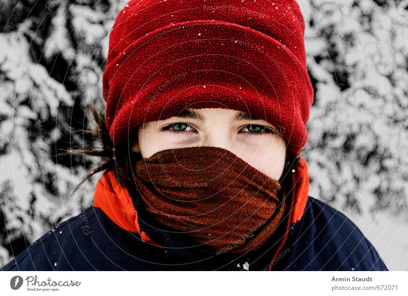 Winterlich vermummtes Mädchen Mensch feminin Jugendliche 1 8-13 Jahre Kind Kindheit Natur Schnee Wald Schal Mütze beobachten Blick natürlich rot weiß