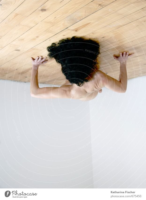 #675450 Körper Haut Kopf Haare & Frisuren 1 Mensch schwarzhaarig Locken Holz braun weiß Perspektive hängen Decke Bodenbelag Frau Kunst außergewöhnlich