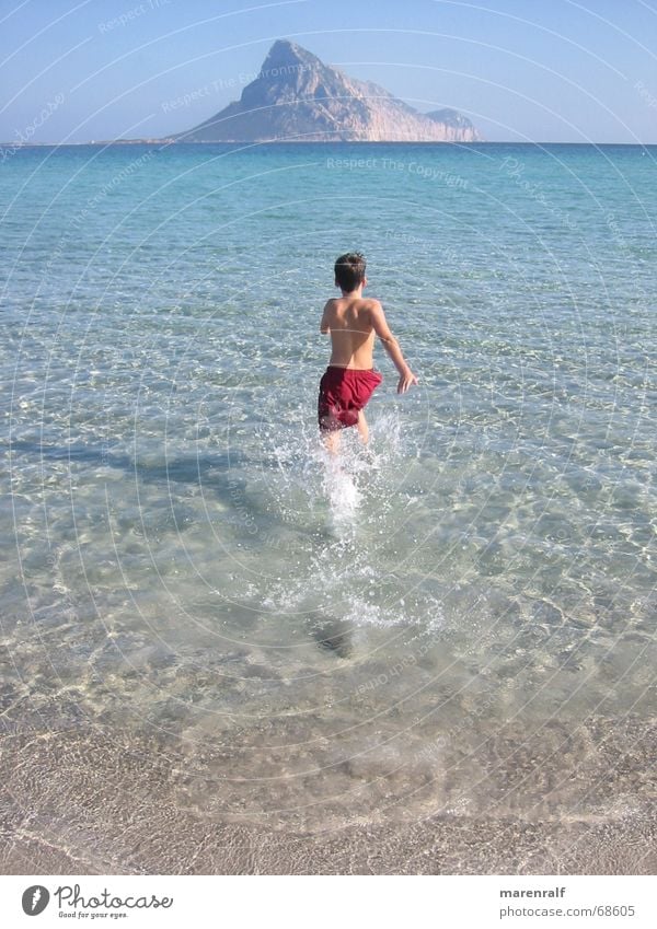 Ab in den Süden azurblau Meer Italien Sardinien Strand Sandstrand springen Horizont Lagune Sonnenlicht Physik Badehose Himmel Insel Junge laufen Wasser