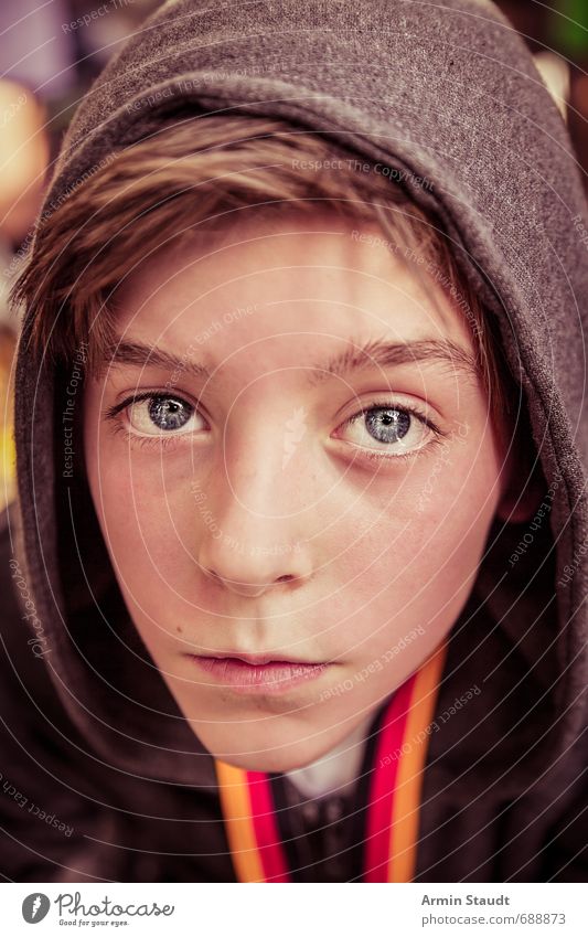 Porträt Stil Mensch maskulin Jugendliche Gesicht 1 8-13 Jahre Kind Kindheit Kapuzenpullover Blick sitzen frisch Gesundheit schön einzigartig natürlich gelb rot