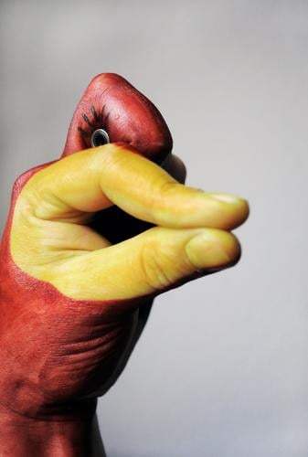 HandEnte Tier Freude Idee Inspiration Kunst gemalt bemalt Auge Kreativität malen Schnabel Finger Comic Comicfigur Vogel lustig Arme Farbfoto Innenaufnahme