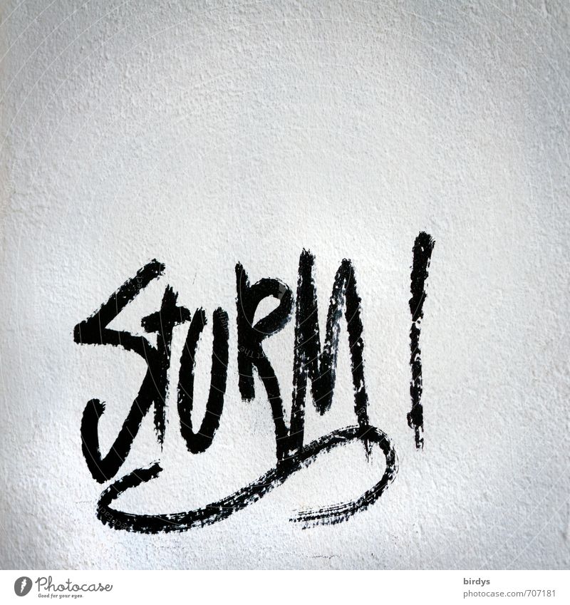 " Sturm ! ", Schrift, Graffiti auf einer weißen Wand Erregung Naturgewalt Energie Schriftzeichen Entschlossenheit schwarz Kraft Typographie Gedeckte Farben