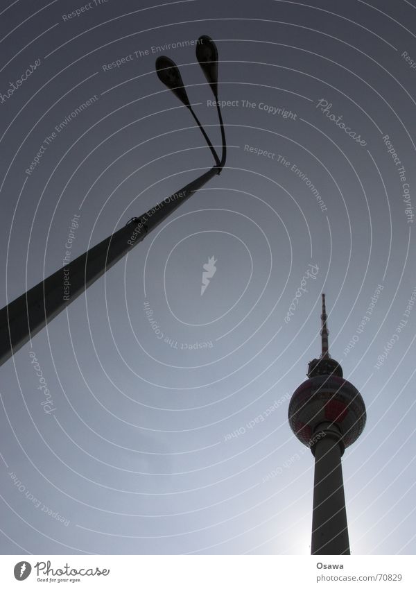ungleiche Gesellen Silhouette Laterne Laternenpfahl Lampe Alexanderplatz Mitte Himmel Sonne Strommast Turm Berliner Fernsehturm alex Hauptstadt