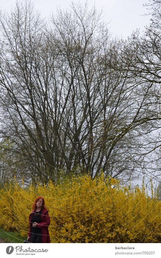 AST 7 | farbenfroh feminin Frau Erwachsene 1 Mensch Landschaft Pflanze Frühling Baum Sträucher Park Mantel rothaarig Blick stehen groß Stimmung Frühlingsgefühle