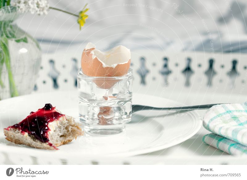Frühstück im Bett Lebensmittel Brötchen Marmelade Ernährung Teller Löffel Häusliches Leben hell Lebensfreude Serviette Tablett Glasvase satt fertig Eierschale