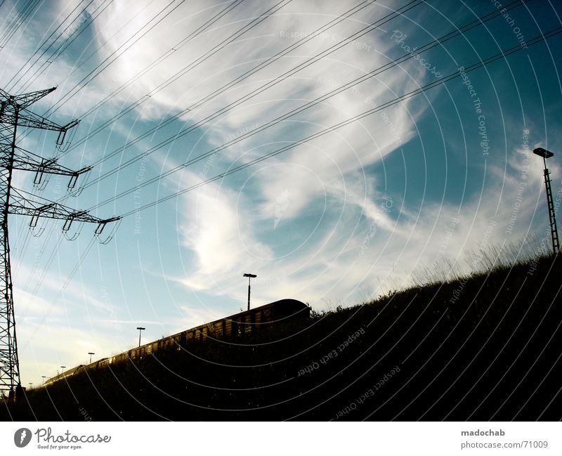 ANOTHER DAY - JUST BELIEVE - JUST BREATHE | himmel wolken Himmel Wolken Elektrizität Kraft Sommer Abend Hochspannungsleitung Eisenbahn Gleise Romantik sky