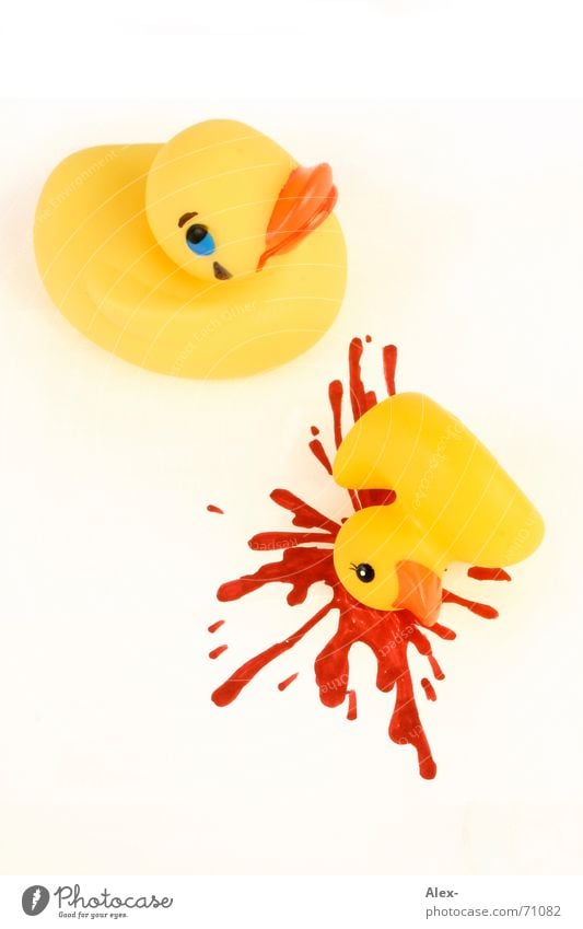 Schluss-Aus-Ente vergangen Tod Unfall gelb niedlich Spielzeug Gummi Kunststoff Trauer warum spritzen umgefallen Ende Mord Blut platzwunde Kitsch weinen Tränen