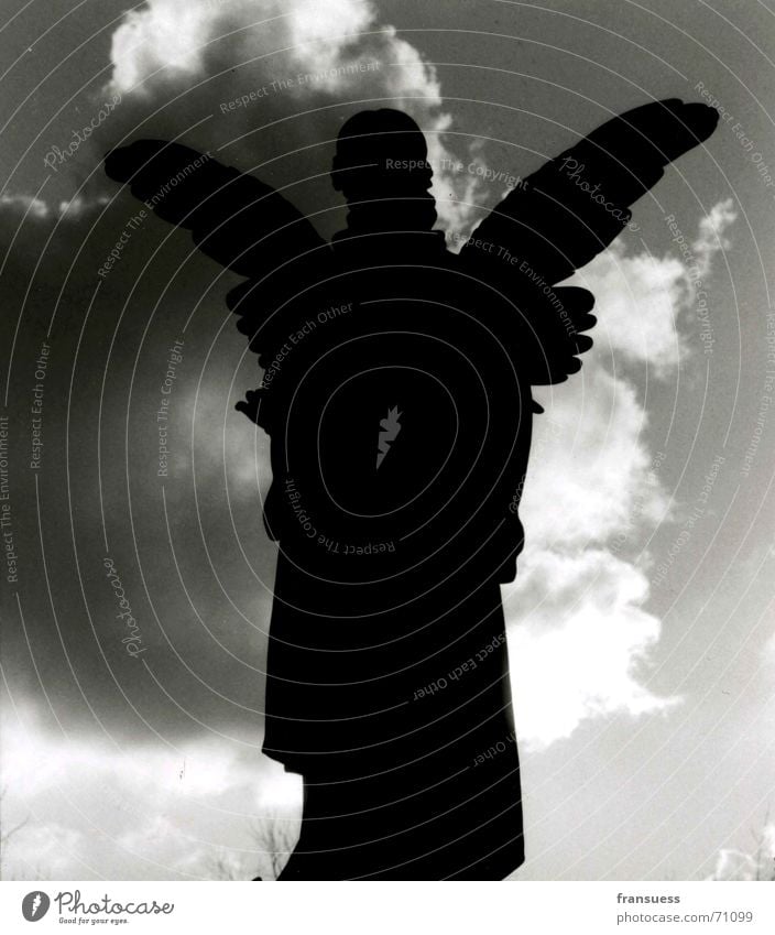 "ich werde dich geleiten" Silhouette Gegenlicht Wolken bedrohlich Friedhof München Bibel Götter Jesus Christus Engel Schwarzweißfoto friedlich ostfriedhof