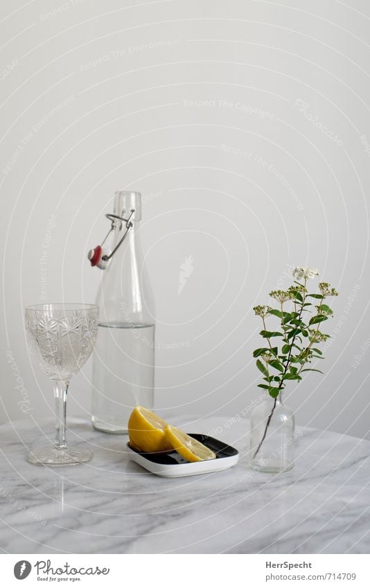 Am Marmortisch Erfrischungsgetränk Trinkwasser Geschirr Teller Flasche Glas Häusliches Leben Wohnung Tisch Raum Stein hell grau weiß ruhig Ordnungsliebe