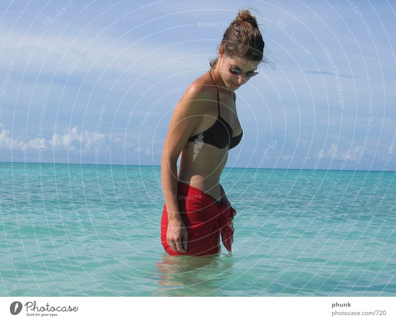 malediven hüfthoch Malediven Meer Indien Frau Bikini schön Konzentration Sommer Wasser Wetter Klarheit Sonne hell