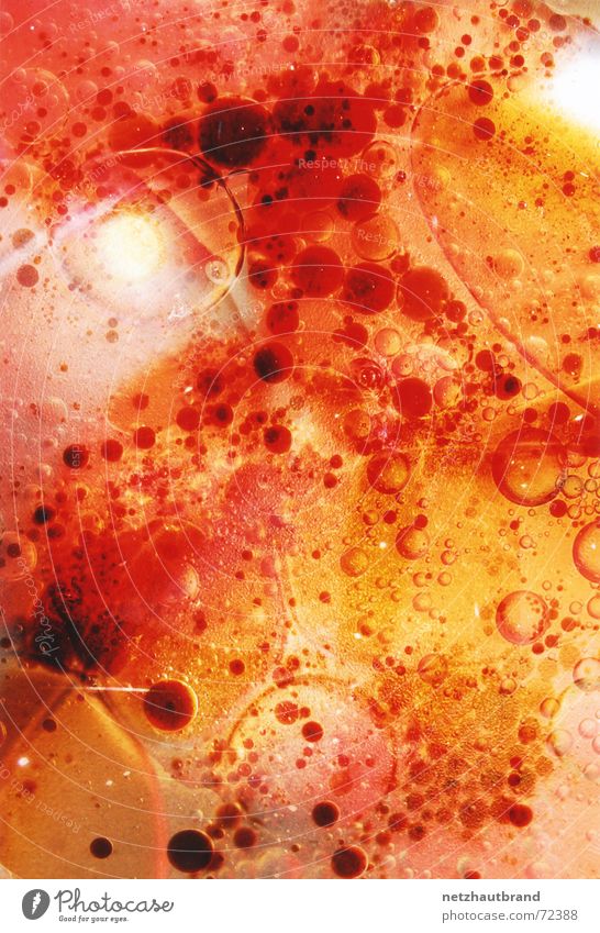 Das Essig und Öluniversum Dressing Planet rot chaotisch Erdöl salatsoße Weltall Flüssigkeit orange Farbe Wassertropfen Blase fantastisch Chemie Blubbern