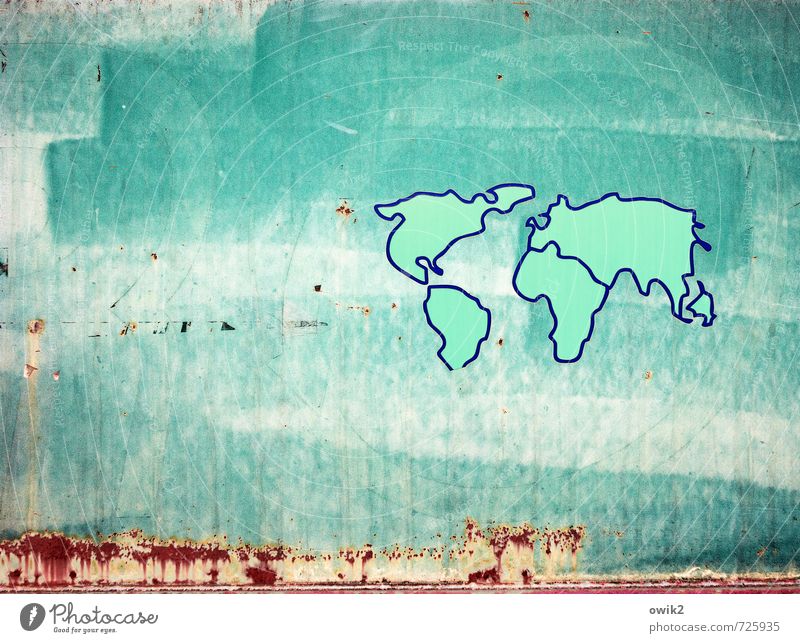 Weltbild Metall Rost einfach gigantisch groß Unendlichkeit blau grün rot türkis Weltkarte Kontinente Silhouette Umrisslinie gemalt Kunst Kunstwerk Farbstoff