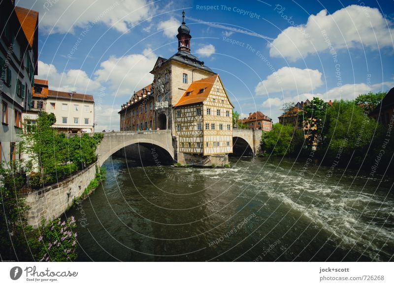 Postkarte Bamberg Sightseeing Rokoko Himmel Wolken Schönes Wetter Fluss Regnitz Rathaus Fachwerkhaus Sehenswürdigkeit Wahrzeichen Bekanntheit historisch Idylle