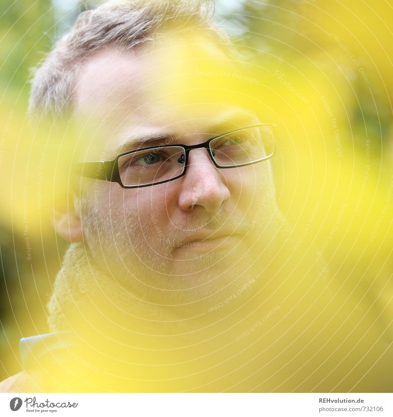 Gelb ist hier zur Zeit nicht gefragt! maskulin Junger Mann Jugendliche Kopf 18-30 Jahre Erwachsene Natur Ferne Brille Unschärfe gelb Herbst nachdenklich