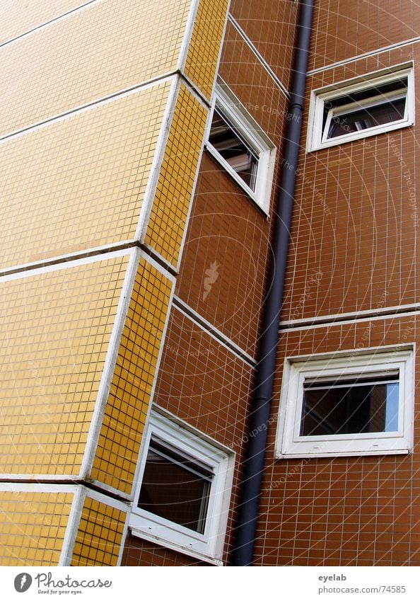 Uninformativer Funktionalismus 2 Fenster Wand Gebäude Haus Hochhaus sozial gelb braun weiß Hoffnung Sechziger Jahre Siebziger Jahre Muster Fliesen u. Kacheln