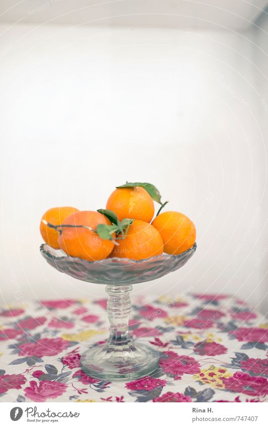 Retro Frucht Schalen & Schüsseln authentisch Gesundheit orange rot weiß Tischwäsche Stillleben Blumenmuster Farbfoto Menschenleer Textfreiraum oben
