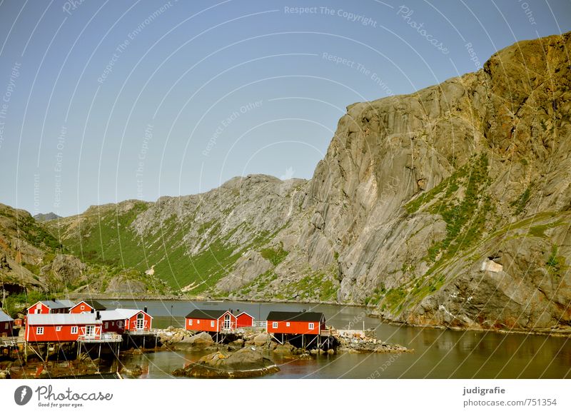 Lofoten Umwelt Natur Landschaft Wasser Schönes Wetter Felsen Fjord Norwegen Nusfjord Dorf Fischerdorf Haus Hütte Gebäude Sehenswürdigkeit niedlich rot Stimmung