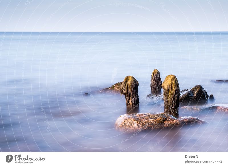 Relikte Landschaft Wasser Sonnenlicht Küste Strand Ostsee Meer blau gelb Buhne Stein Langzeitbelichtung Horizont Himmel Farbfoto Außenaufnahme Menschenleer