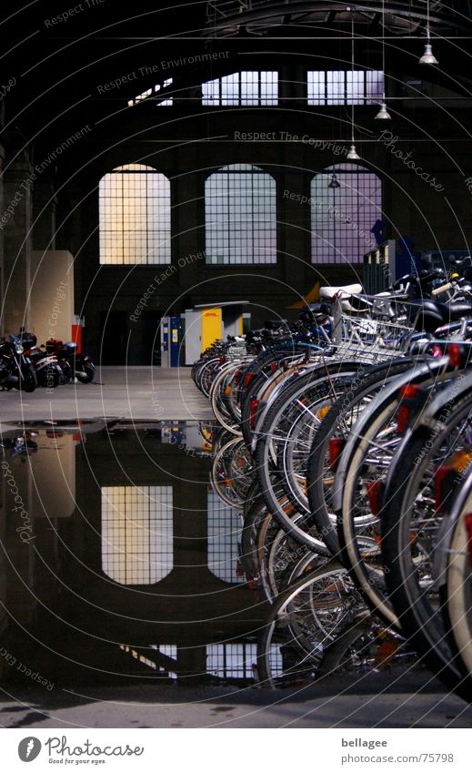 Dachschaden2 Fahrrad Pfütze Reflexion & Spiegelung Fenster erleuchten Motorrad Durchgang Verkehr Wiesbaden dunkel Bahnhof Schaden leg fahhrad Detailaufnahme
