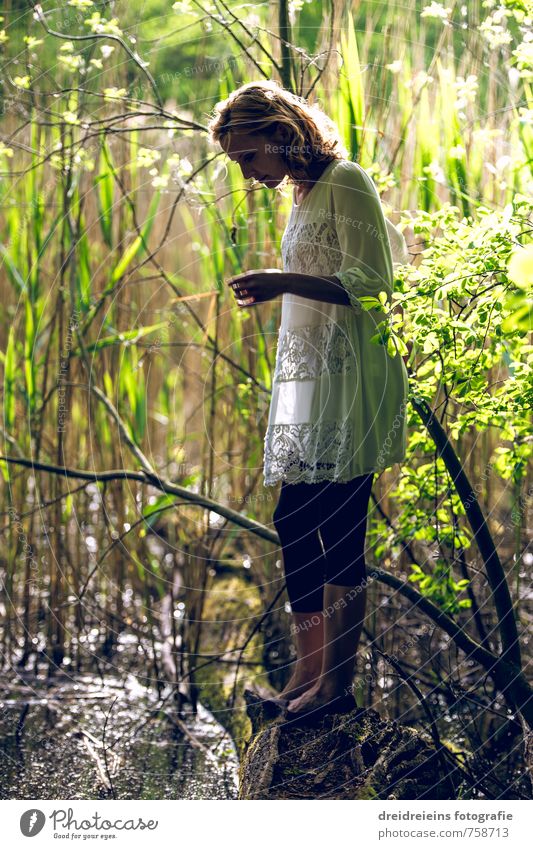 Auf Entdeckung am düsteren Teich elegant Mensch feminin Junge Frau Jugendliche 1 Natur Pflanze Wasser Schönes Wetter Hose Kleid beobachten Blick stehen warten